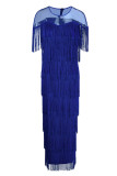 Blue Fashion Sexy Plus Size Solid Tassel Patchwork Slit O Neck Evening Dress