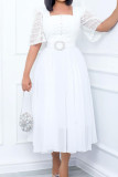 Witte elegante effen patchwork kralen met riem vierkante kraag jurken