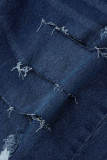 Dark Blue Fashion Casual Solid High Waist Raw Hem Ripped Skinny Denim Shorts