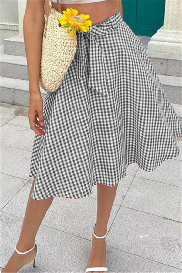 Falda moda casual estampado a cuadros patchwork regular cintura alta gris