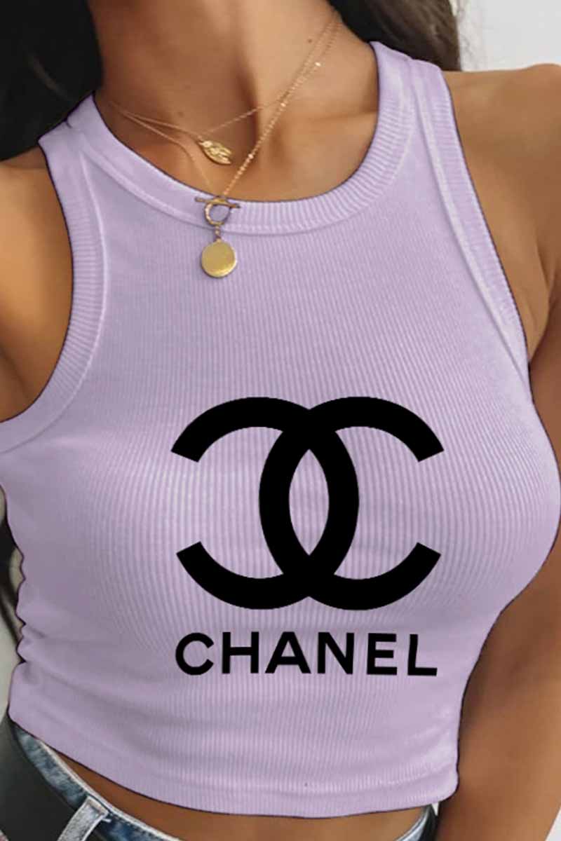 

Light Purple Fashion Street Print Letter O Neck Tops