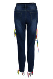 Голубые модные повседневные однотонные джинсы скинни с высокой талией и повязками