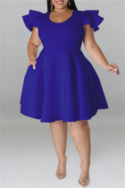 Blauwe mode casual effen patchwork O-hals jurk met korte mouwen Grote maten jurken