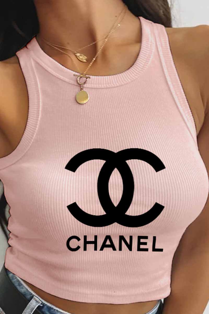 

Light Pink Fashion Street Print Letter O Neck Tops
