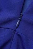 Blå Mode Sexig Plus Size Solid Tofs Patchwork Slit O Neck Aftonklänning