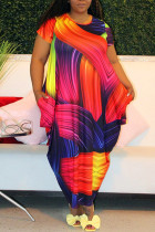 Multicolor Fashion Casual Print Patchwork O-Ausschnitt Kurzarm Kleid Plus Size Kleider