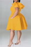 Vestido amarelo moda casual patchwork sólido decote oco manga curta vestidos plus size