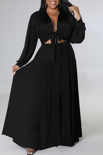 Black Sexy Solid Bandage Patchwork V Neck Plus Size Two Pieces