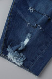 Dark Blue Fashion Casual Solid High Waist Raw Hem Ripped Skinny Denim Shorts