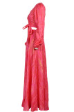 Due pezzi a maniche lunghe con scollo a V con stampa casual rossa rosa