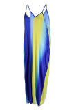 ブルーセクシーカジュアルプラスサイズプリントバックレススパゲッティストラップロングドレス