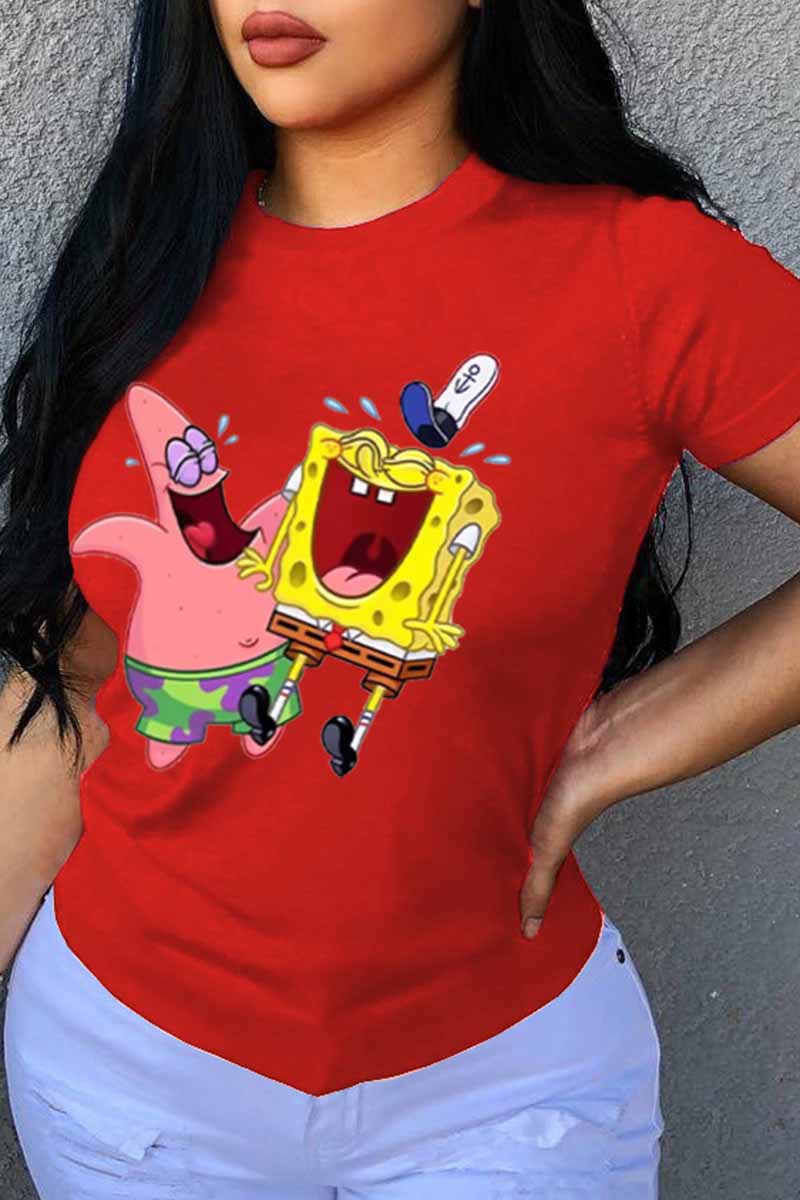 

Red Fashion Street Character Patchwork O Neck T-Shirts