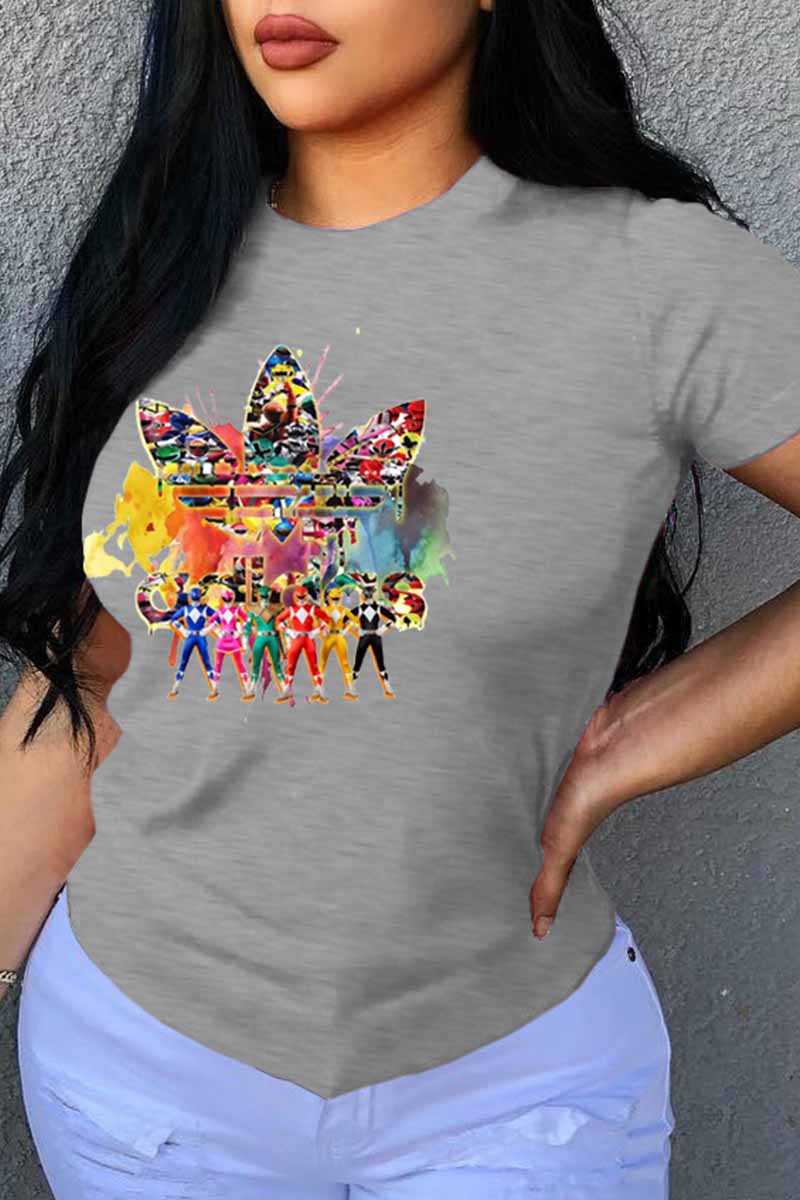 

Grey Fashion Street Print Patchwork O Neck T-Shirts