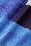 ブルーカジュアルチェック柄プリントパッチワーク非対称斜め襟不規則なドレスプラスサイズのドレス