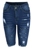 Short en jean skinny taille haute déchiré à la mode décontracté bleu foncé