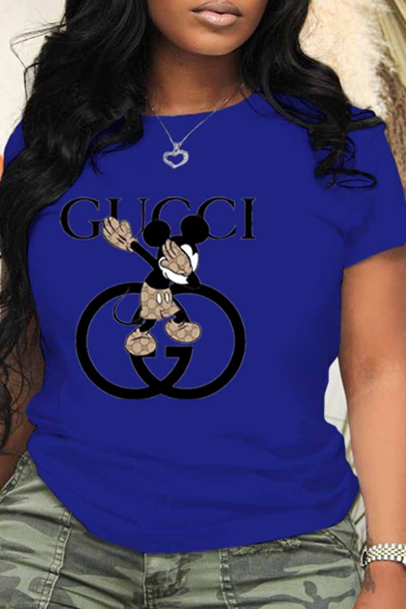 

Blue Fashion Street Character Letter O Neck T-Shirts