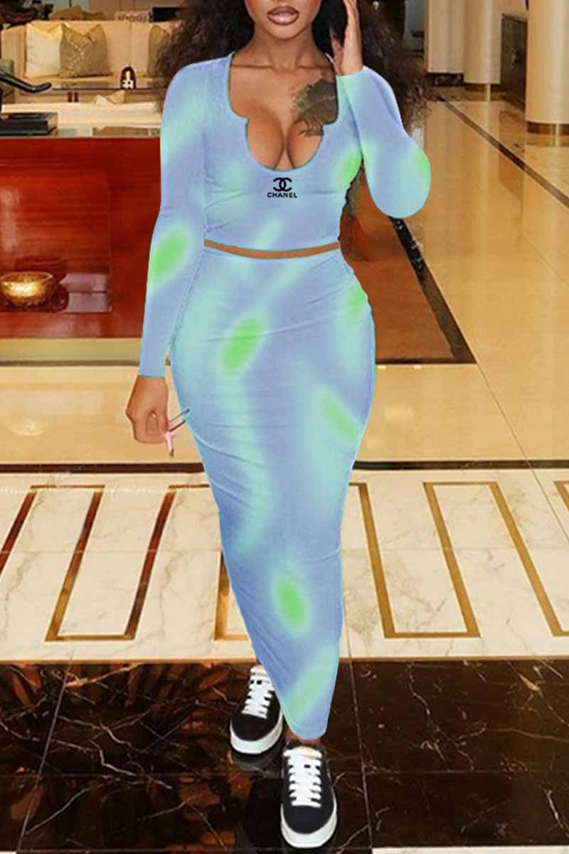 

Blue Fashion Sexy Tie Dye Letter U Neck Long Sleeve Two Pieces