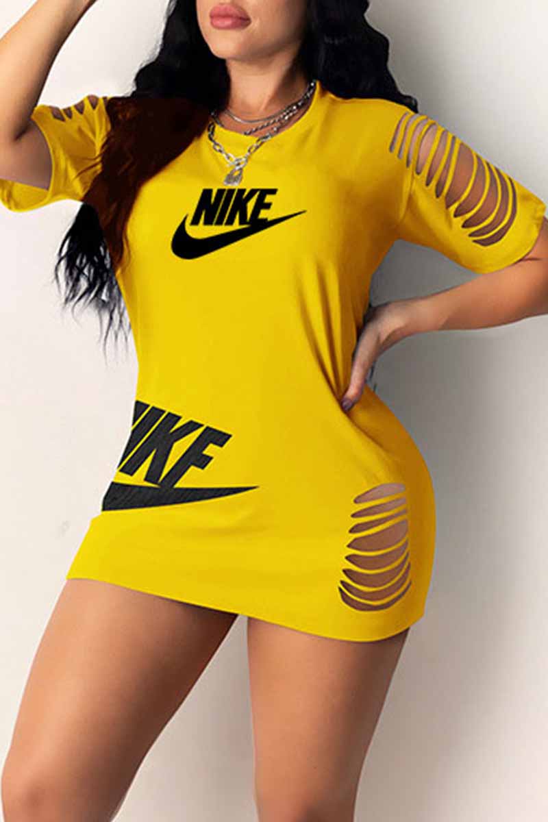 

Yellow Fashion Casual Print Ripped O Neck One Step Skirt Dresses