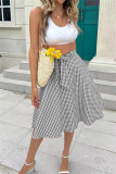 Grey Fashion Casual Plaid Print Patchwork Regular High Waist Skirt