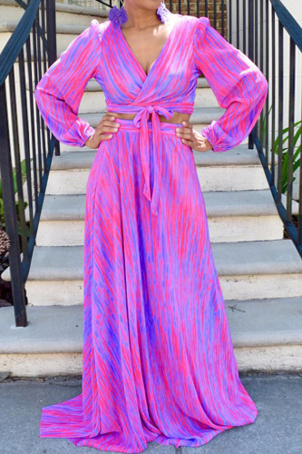 Blue Casual Print Bandage V Neck Long Sleeve Two Pieces