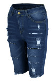Pantalones cortos de mezclilla flacos de cintura alta rasgados sólidos casuales de moda azul oscuro