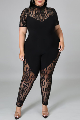 Black Fashion Casual Patchwork See-through O Neck Plus Size Jumpsuits