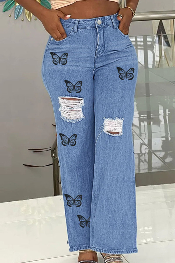 Blå Casual Street Print Ripped Patchwork Slits Denim Jeans med hög midja