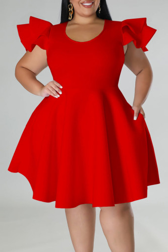 Red Casual Solid Patchwork Flounce O Neck A Line Plus Size Dresses