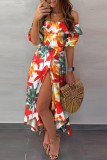 Multicolor Fashion Casual Patchwork Print Backless Slit Off the Shoulder Short Sleeve Dress Dresses