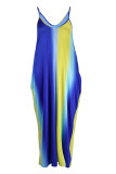 Vestido longo azul sexy casual plus size estampado sem costas alça de espaguete