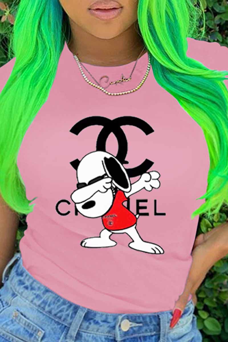 

Pink Fashion Street Print Letter O Neck T-Shirts
