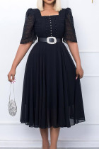 Black Elegant Solid Patchwork Beading With Belt Square Collar Dresses