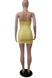 Gold Sexy Casual Solid Backless V Neck Sling Dress