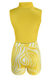Yellow Sexy Print Patchwork Zipper Collar Sleeveless Two Pieces