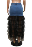 Black Fashion Casual Patchwork See-through Regular High Waist Skirts