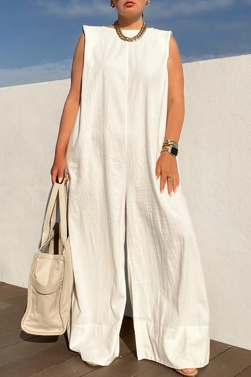 

White Fashion Casual Solid Patchwork O Neck Regular Jumpsuits