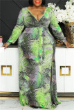 イエローファッションカジュアルプリントパッチワーク小帯スリットVネック長袖プラスサイズのドレス