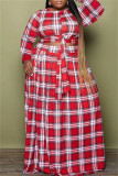 Red Fashion Casual Plaid Print Patchwork O-Ausschnitt Plus Size Two Pieces