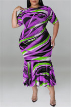 Фиолетовое модное повседневное платье с принтом в стиле пэчворк с круглым вырезом и коротким рукавом Платья больших размеров