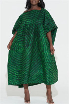 Vestido de manga corta con cuello en O de patchwork con estampado informal de talla grande verde