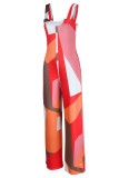 オレンジ レッド カジュアル プリント パッチワーク スパゲッティ ストラップ ストレート ジャンプスーツ