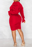 Vestidos de manga larga con cuello en V y pliegues de retazos sólidos informales sexy de moda roja