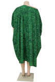 Paarse mode casual plus size print patchwork O-hals jurk met korte mouwen
