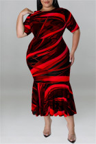 Rote Mode Casual Print Patchwork O-Ausschnitt Kurzarm Kleid Plus Size Kleider