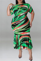 Grüne Mode Casual Print Patchwork O-Ausschnitt Kurzarm Kleid Plus Size Kleider