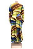 Blue Fashion Casual Print Patchwork V Neck Long Sleeve Plus Size Dresses
