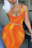 Orange Mode Sexy Imprimé Tie-dye U Neck Sans Manches Deux Pièces