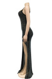 ブラックファッションセクシーなパッチワークホットドリルバックレススリットスパゲッティストラップイブニングドレス