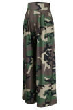 Camouflage Casual Print Camouflage Print Patchwork Hög midja Bred Ben Full Print Bottoms