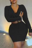 Black Sexy Casual Solid Bandage V Neck Long Sleeve Two Pieces